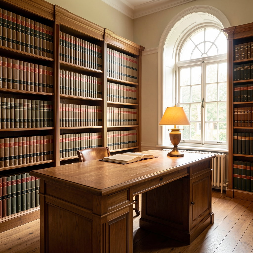 Interior of a well-organised private library with tall wooden shelves holding uniform rows of hardbound reference books, warm reading lamp on a solid oak desk, afternoon light from a tall arched window, atmosphere of institutional quiet and scholarly focus