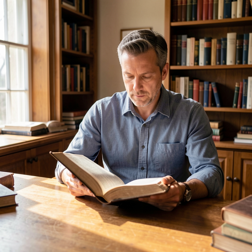 Man in his forties sitting upright at a wooden desk in a well-lit study, reading a thick open book with focused attention, natural window light casting soft shadows, calm scholarly atmosphere