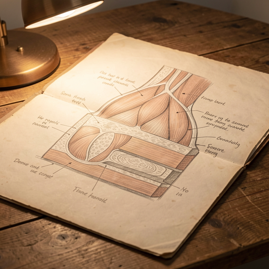 Detailed anatomical diagram drawn in pencil on aged paper spread open on a wooden table, partial view of layered muscle cross-sections with careful hand annotations, warm desk lamp illuminating the drawing surface