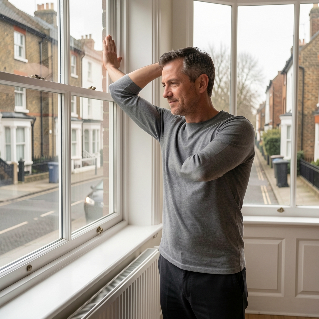 Man in his forties doing gentle morning stretches beside a large window overlooking a quiet residential London street, soft early light, unhurried and contemplative atmosphere