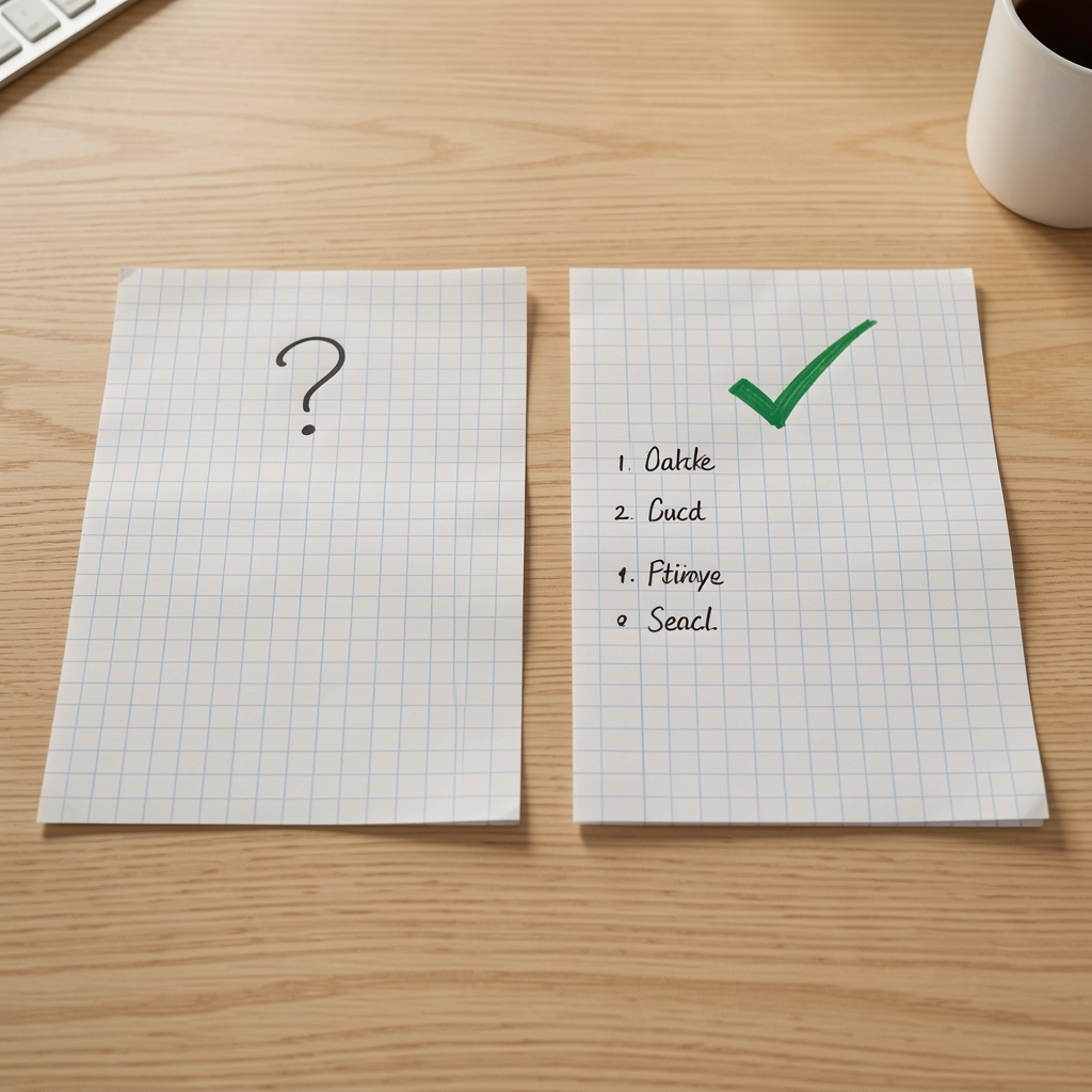 Two columns of handwritten notes on graph paper being compared side by side on a light oak desk, one column labelled with a question mark and the other with a checkmark, analytical comparison aesthetic