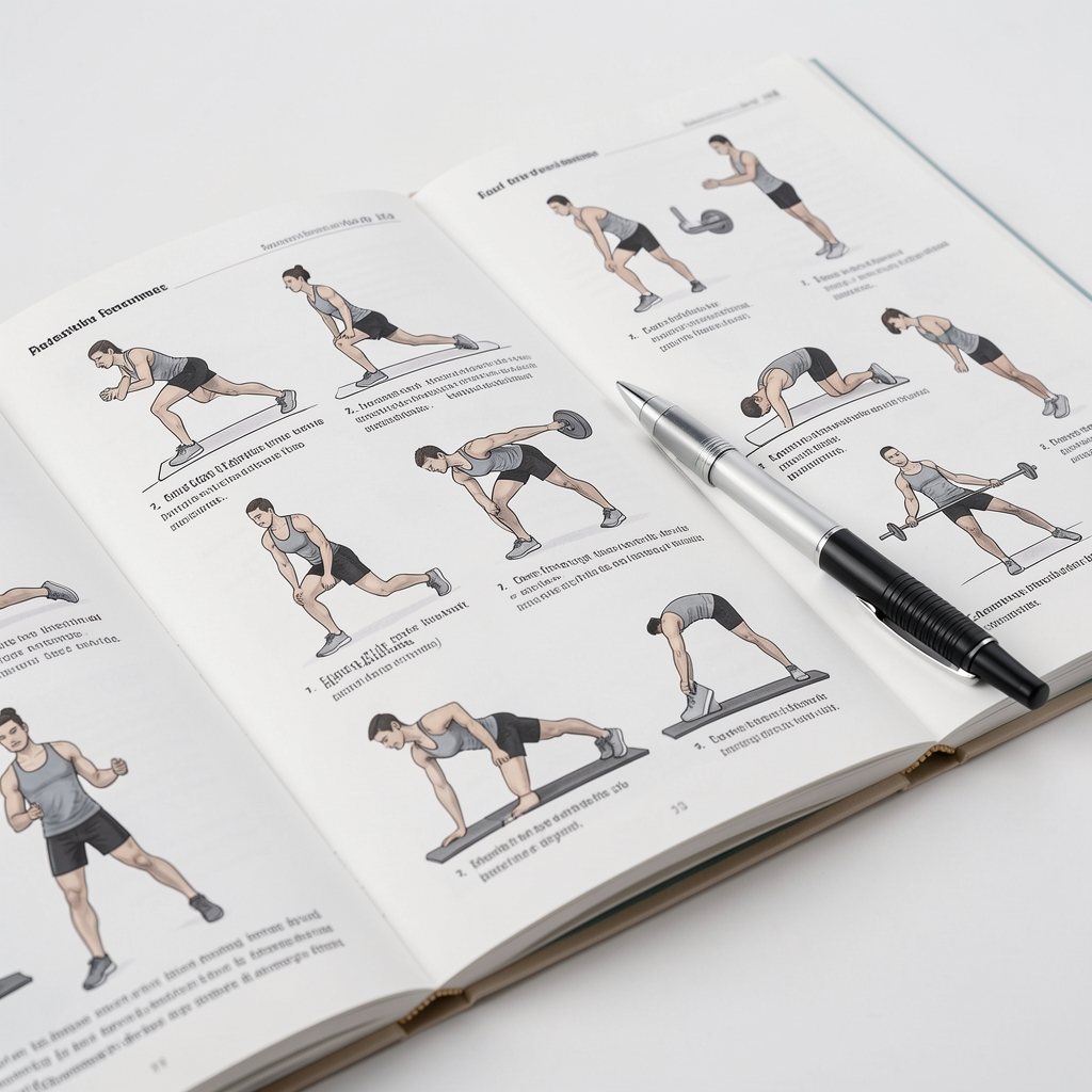 Close-up view of open illustrated reference manual showing diagrams of different exercise positions with descriptive labels, pen resting across the page, clean studio light, educational reference format