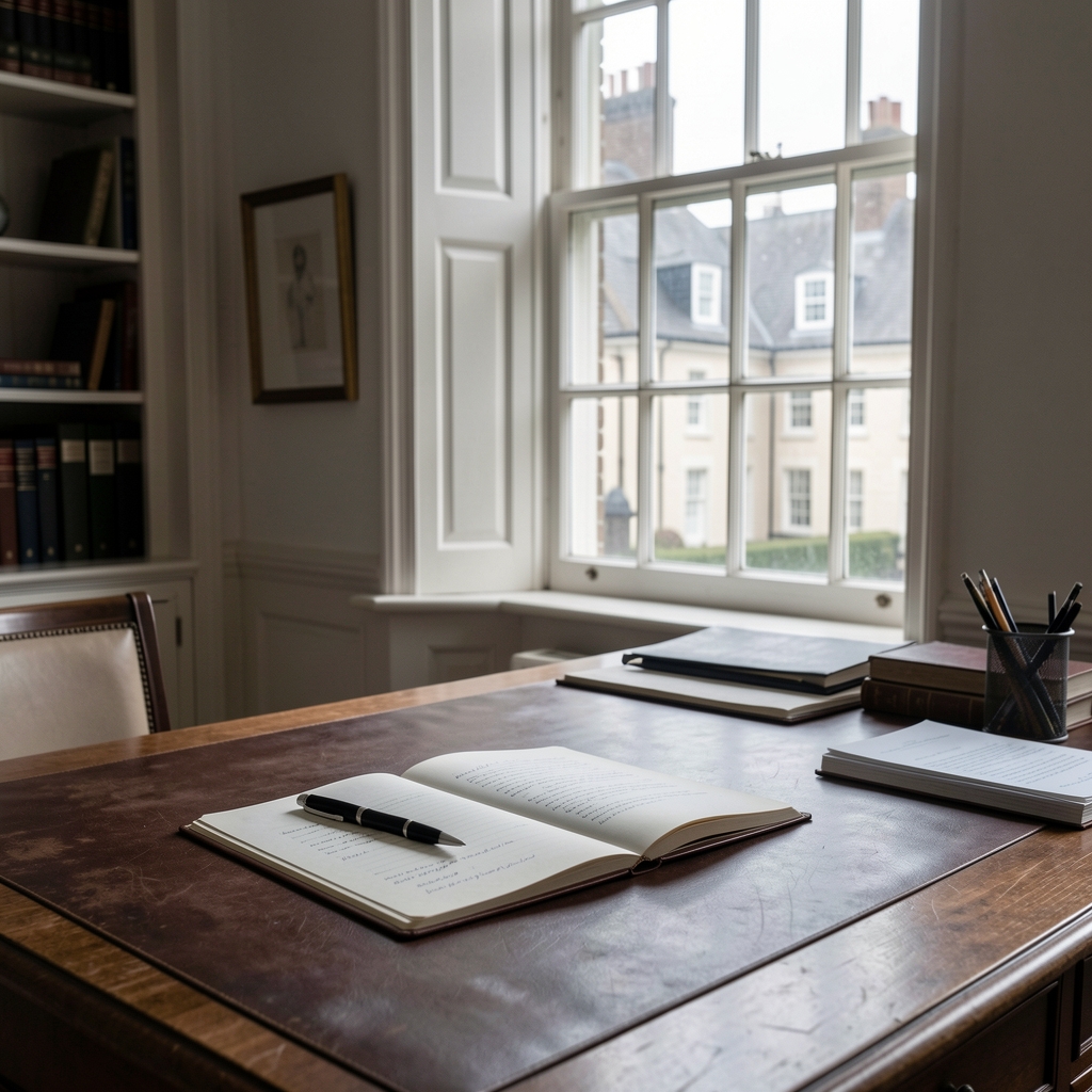 Quiet writing desk near a large sash window in a Georgian-style office, a pen resting on open paper, diffused grey London daylight casting soft shadows, calm and orderly atmosphere conveying considered correspondence