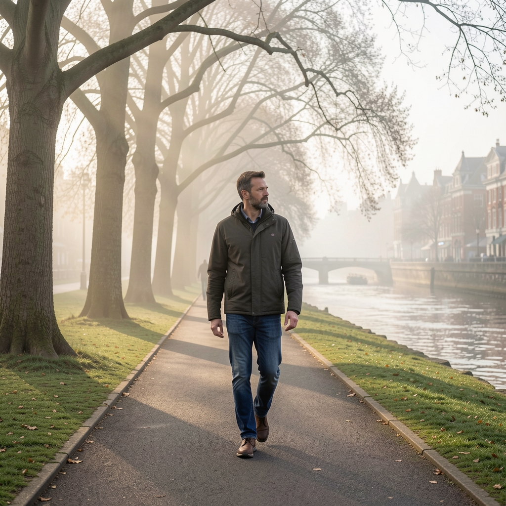 Calm early morning riverside path in a London park, misty light filtering through tall trees, a solitary man in his forties walking at a measured pace, embodying quiet reflection and physical awareness