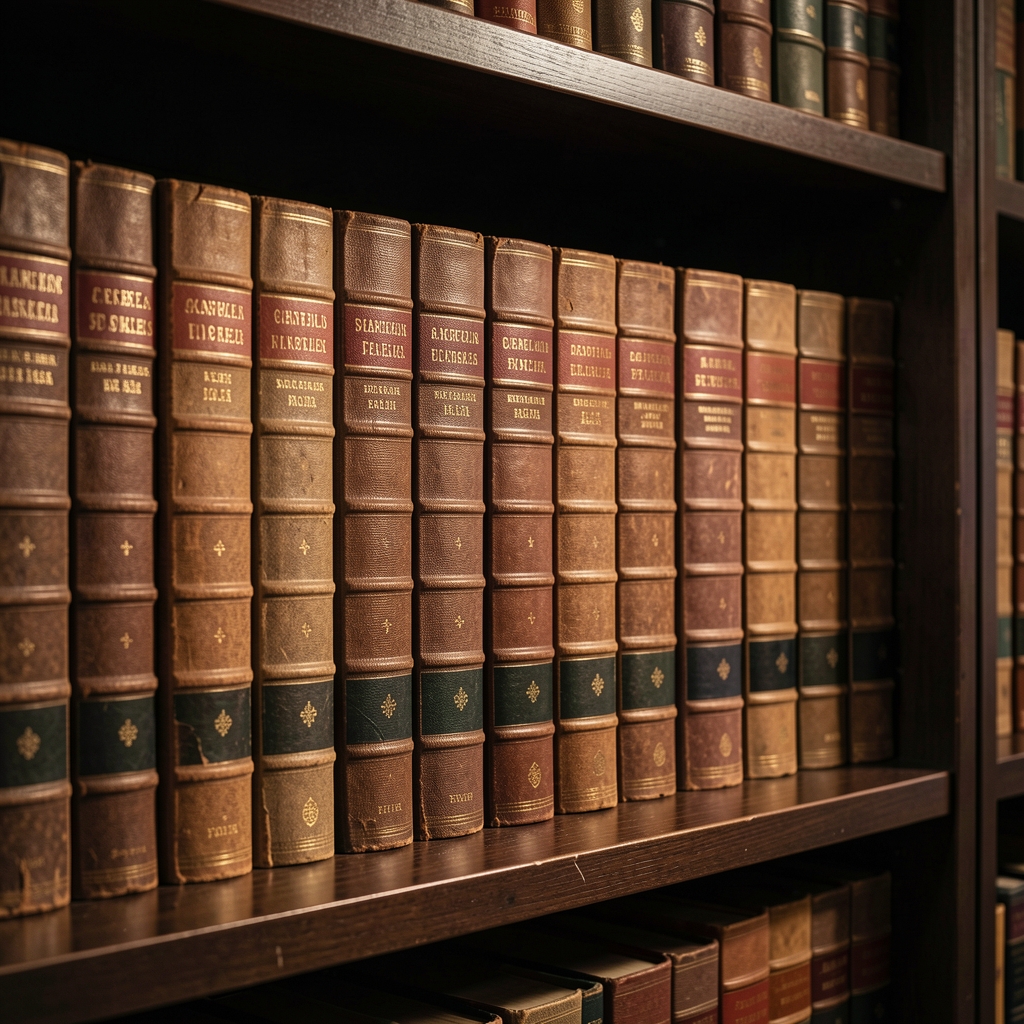 Row of aged academic reference books with cloth spines arranged on a dark library shelf, warm directed light illuminating titles, evoking scholarly context and historical depth